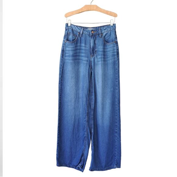 OAT New York 100% Lyocell Palazzo Wide Leg Jeans Chambray Blue Soft Trouser - Picture 2 of 9